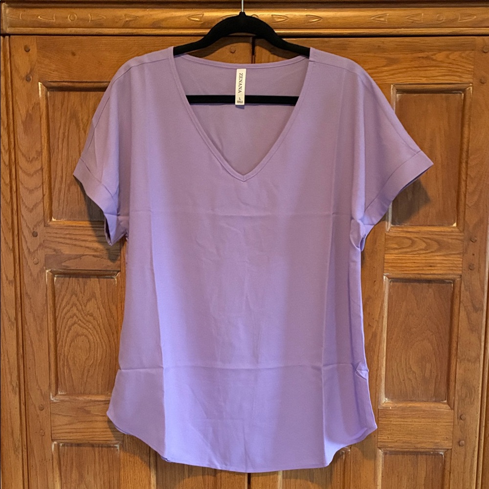 New! Zenana Short Sleeve V-Neck Blouse Top Size L